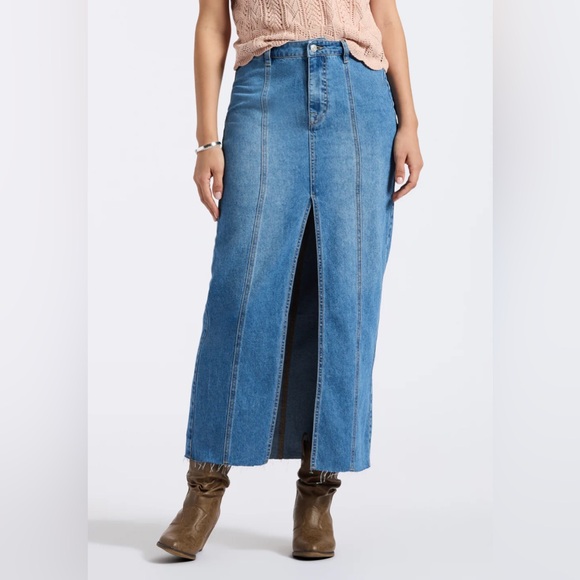 Denim Midi Maxi Skirt Buffalo Worn Indigo w/ Front Slit NWT Boho Casual Cowgirl - Picture 3 of 16
